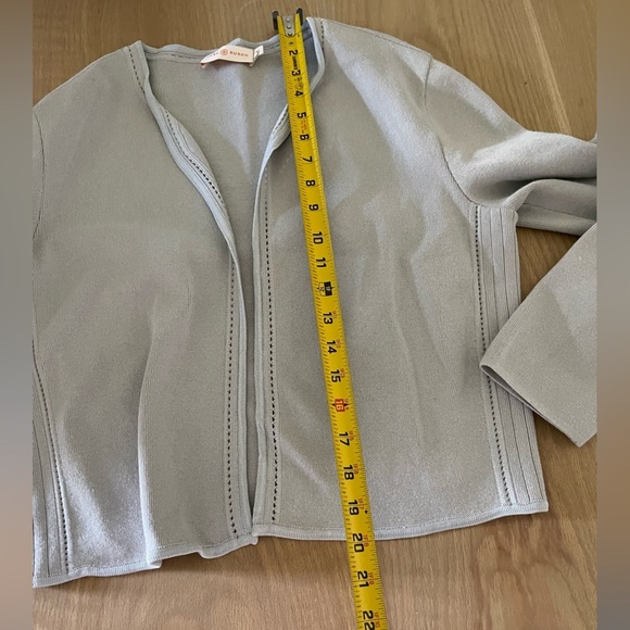 Tory Burch| Gray open front cardigan, slightly cropped with Knit eyelet detail• - Picture 14 of 15